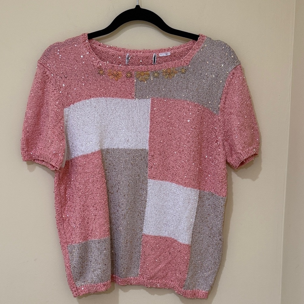 Alfred Dunner Pink and Beige  Knit Top Pink Sequin Women’s Blouse Rayon Blend